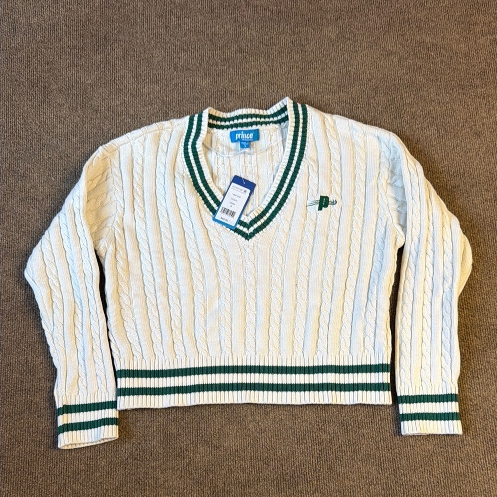PRINCE New Pickleball VNeck Cable Knit Ivory Green Pullover Sweater SZ S NWT
